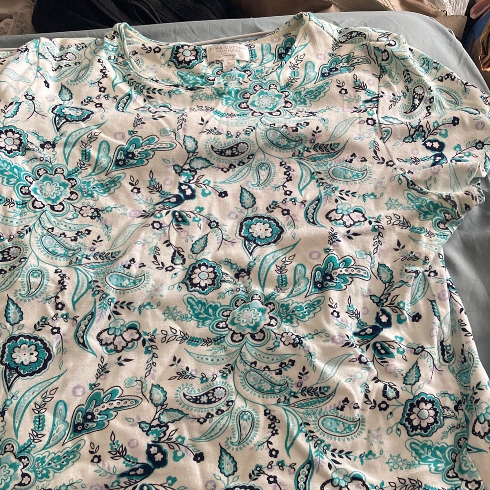 Charter club Pima cotton tea white floral t shirt